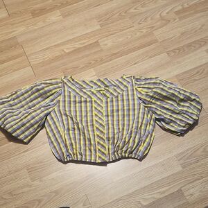 Tory Burch Yellow and Purple Plaid Puff-Sleeve Crop Top